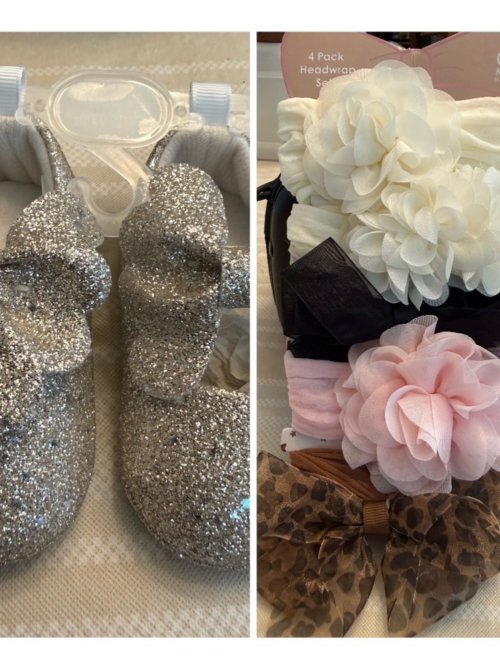 Baby Girls Glitter Shoes and Floral Headband Set - Silver and Ivory